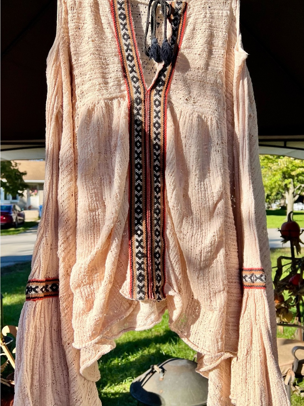 Free People Peach Boho Tunic with Black & Red Embroidered Trim